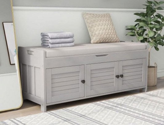 Storage Bench with 3 Shutter-shaped Doors, Shoe Bench with Removable Cushion and Hidden Storage Space, Gray Wash