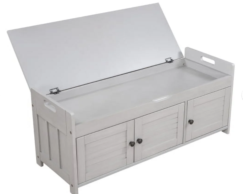 Storage Bench with 3 Shutter-shaped Doors, Shoe Bench with Removable Cushion and Hidden Storage Space, Gray Wash