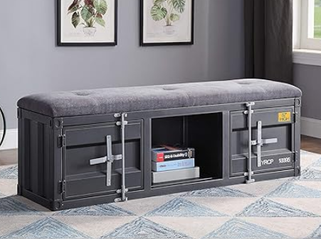 Shipping Container Cargo Storage Bedroom Bench in Gray Fabric & Gunmetal